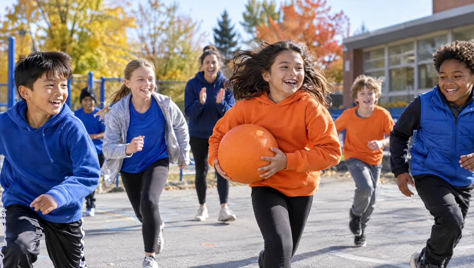 Des élèves courent et jouent dans une cour d’école en automne