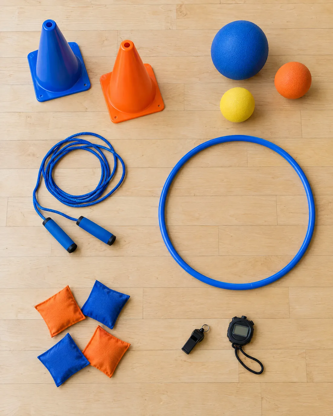 Matériel d’éducation physique bleu et orange disposé sur le plancher du gymnase